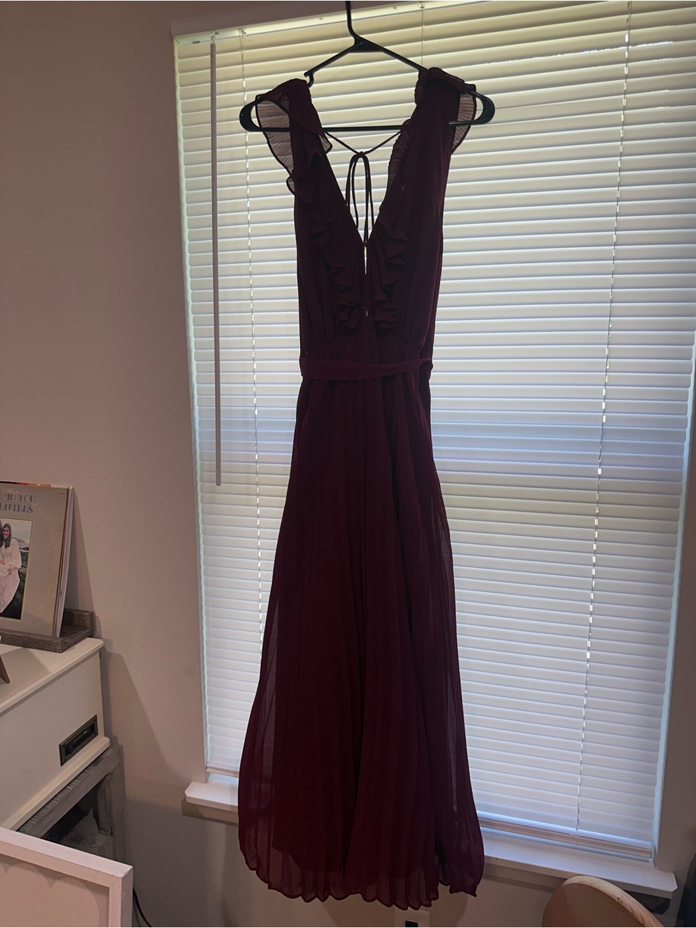 Women’s Burgundy Ruffled V-Neck Maxi Dress with Tie Back